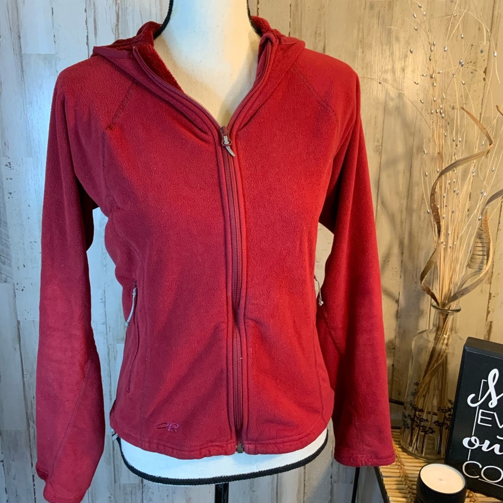 Outdoor Research zip up fleece hoodie jacket in red, size small